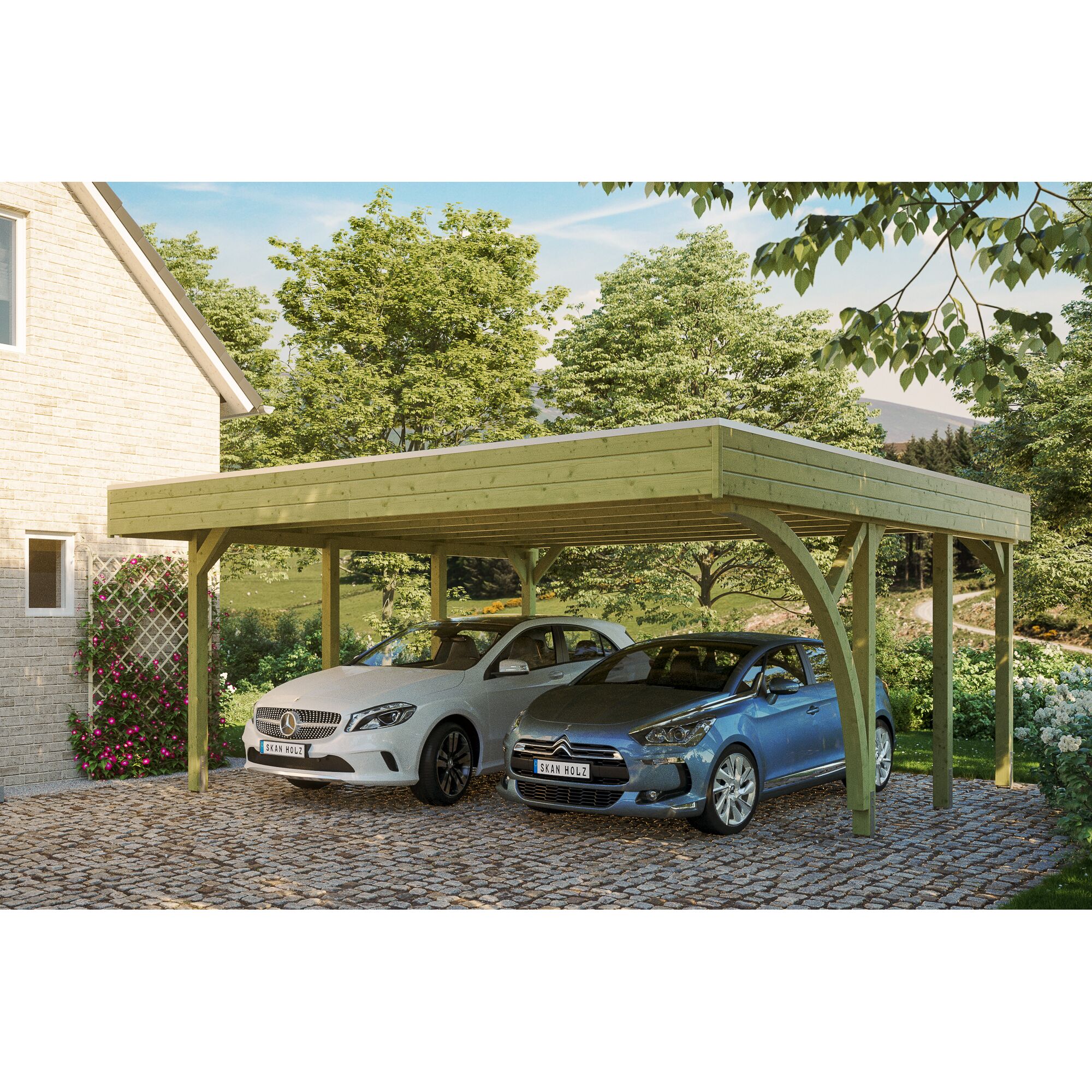 Doppelcarport aus Holz mit zwei Autos