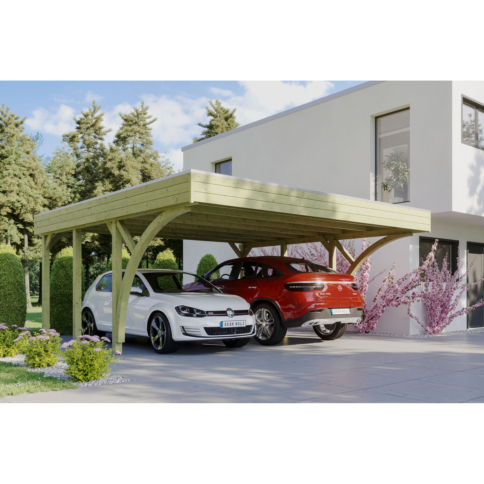 Doppelcarport aus Holz mit zwei Autos