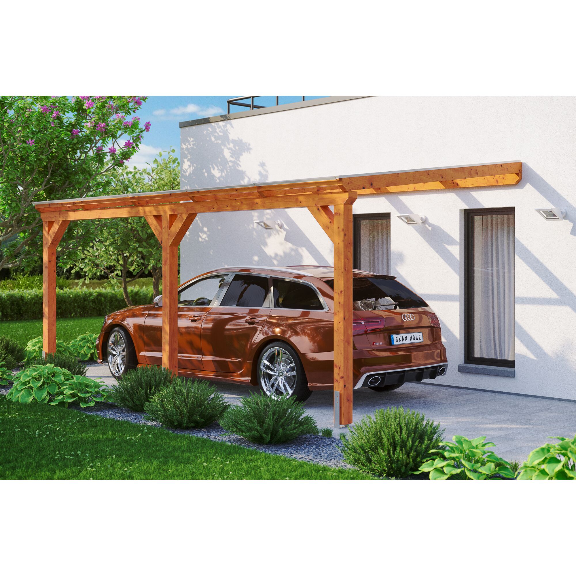 Auto unter einem Carport aus Leimholz.