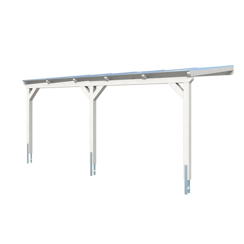 Weißer Carport mit blauem Dach