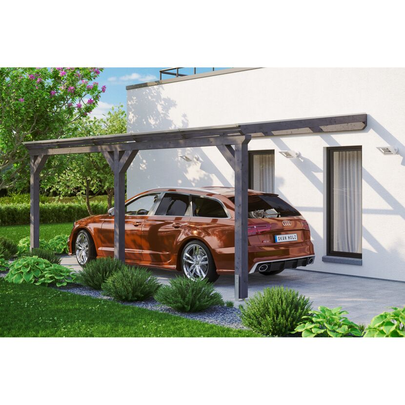 Auto unter einem grauen Carport von SKAN HOLZ.