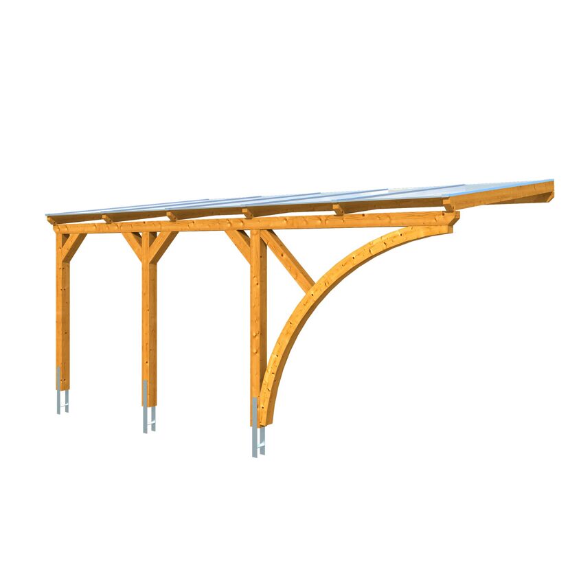 Holzcarport mit Blechdach.