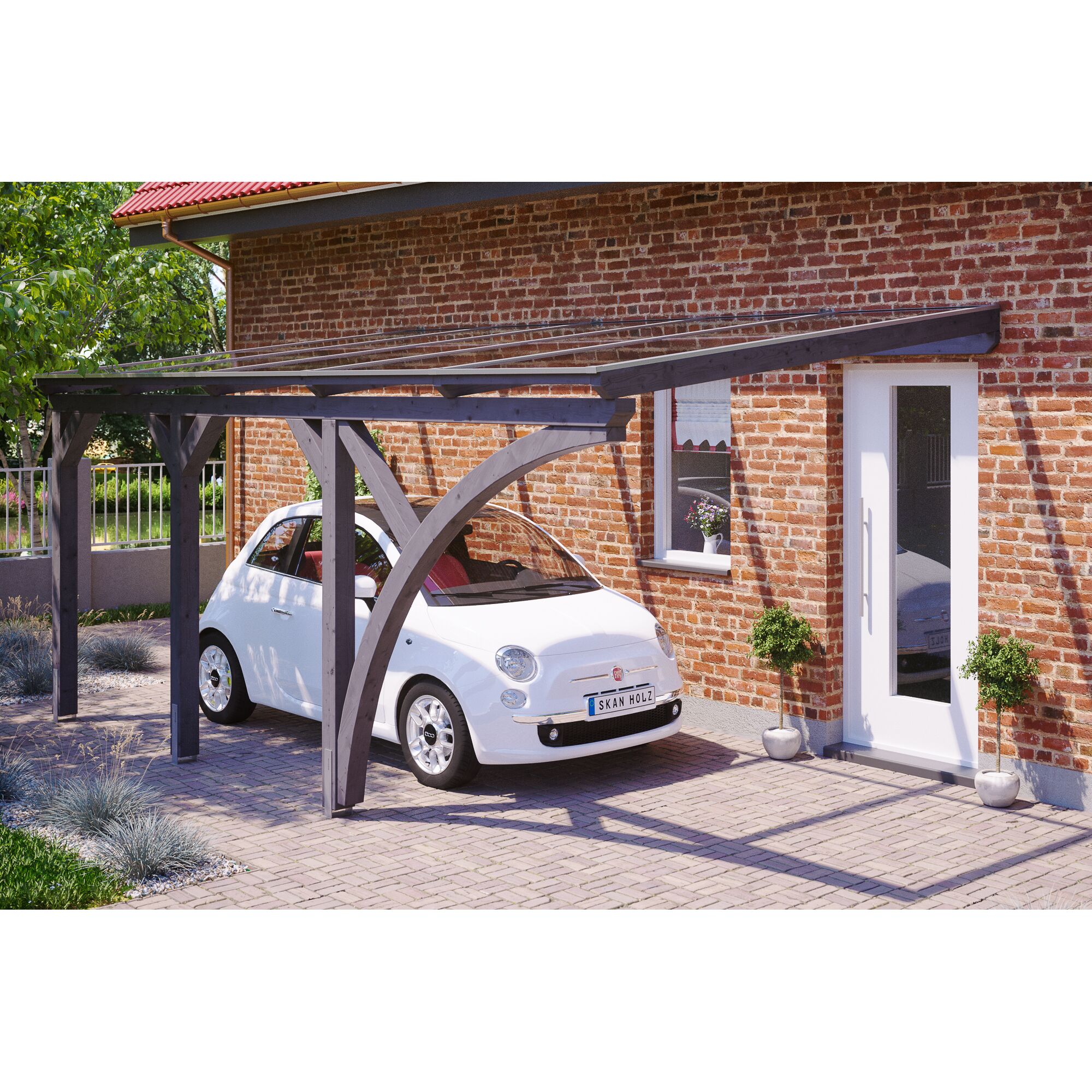 Auto unter einem grauen Carport aus Holz und Glas.