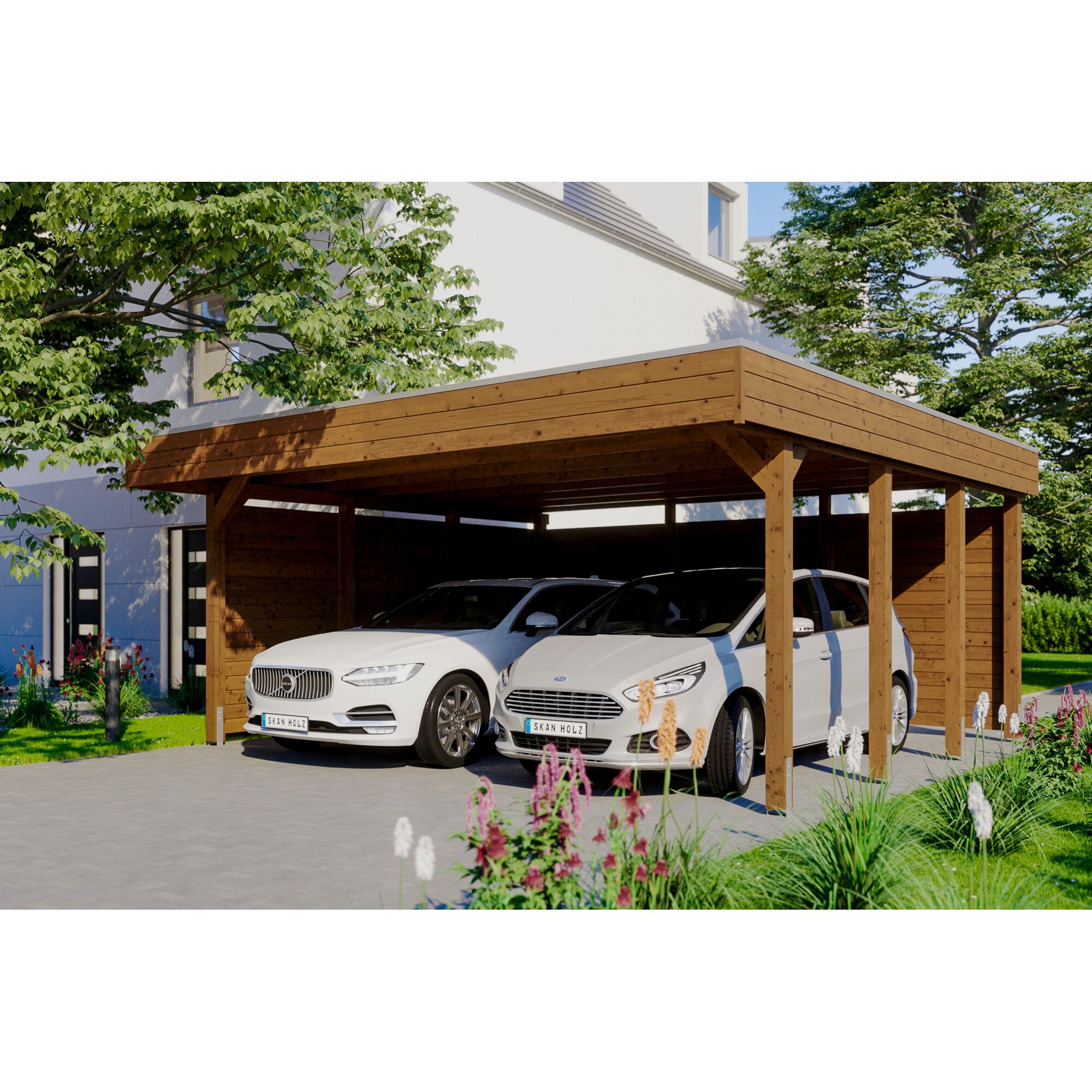 Doppelcarport aus Holz mit zwei Autos