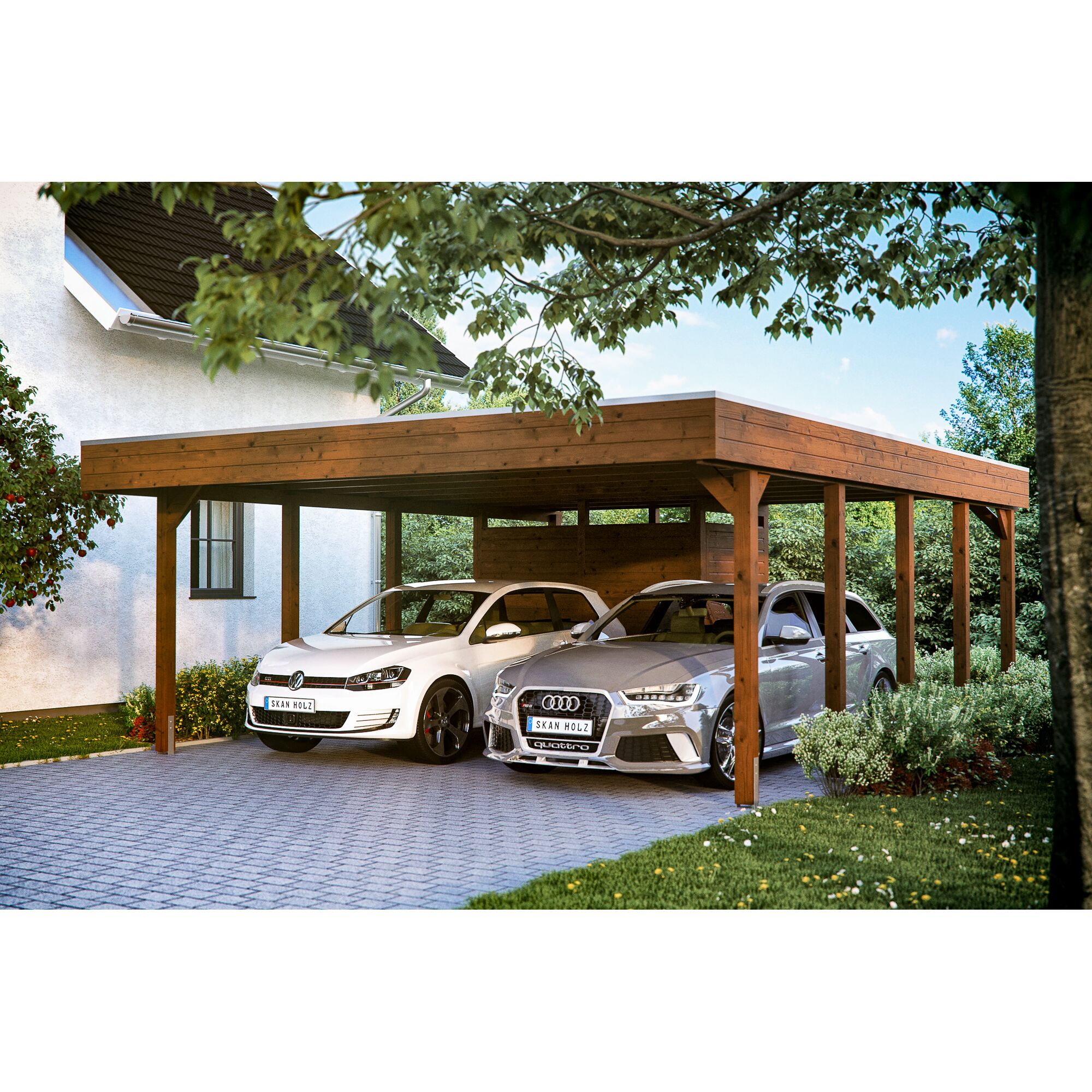 Zwei Autos unter einem Carport aus Holz.