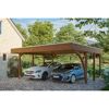 Zwei Autos unter einem Carport aus Holz.