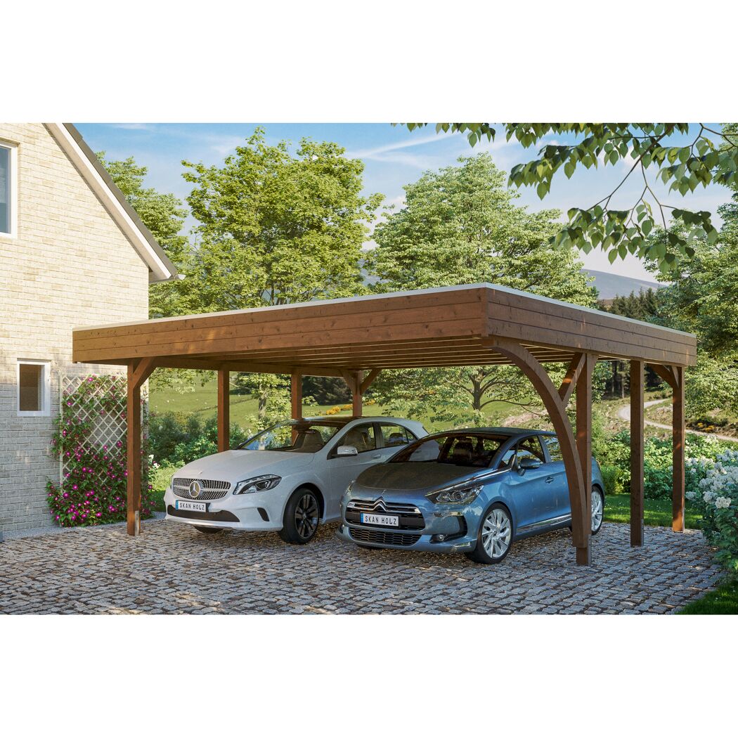Zwei Autos unter einem Carport aus Holz.