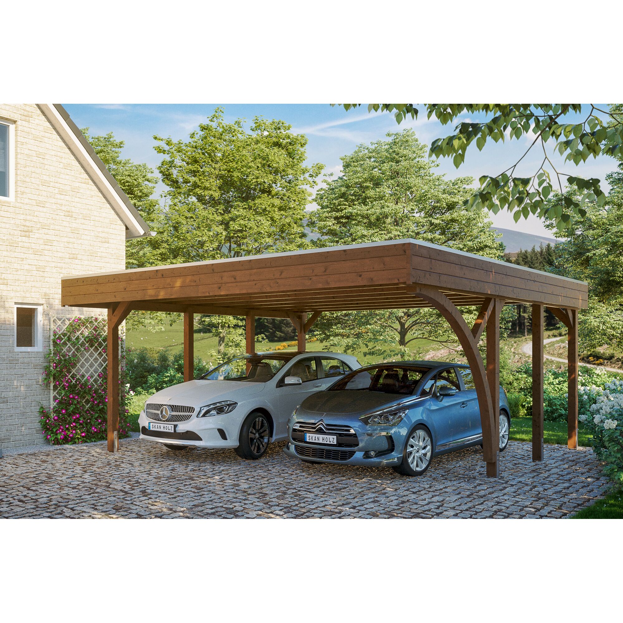 Zwei Autos unter einem Carport aus Holz.