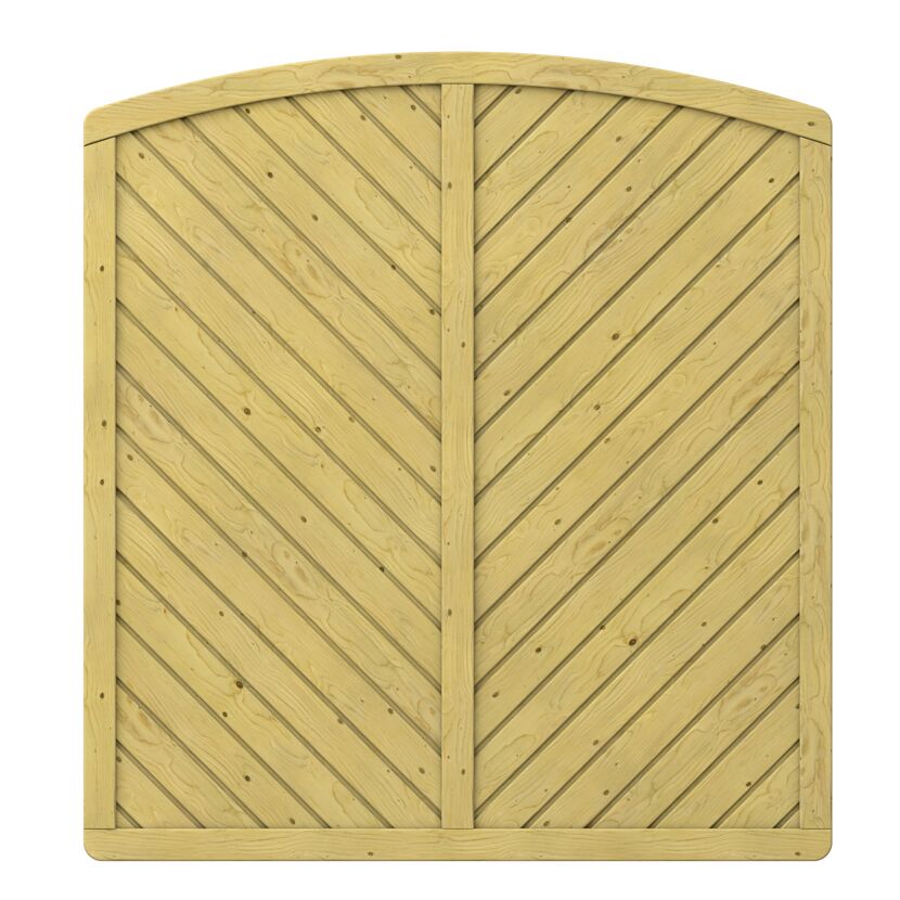 Holztor mit Rundbogen und diagonalen Brettern