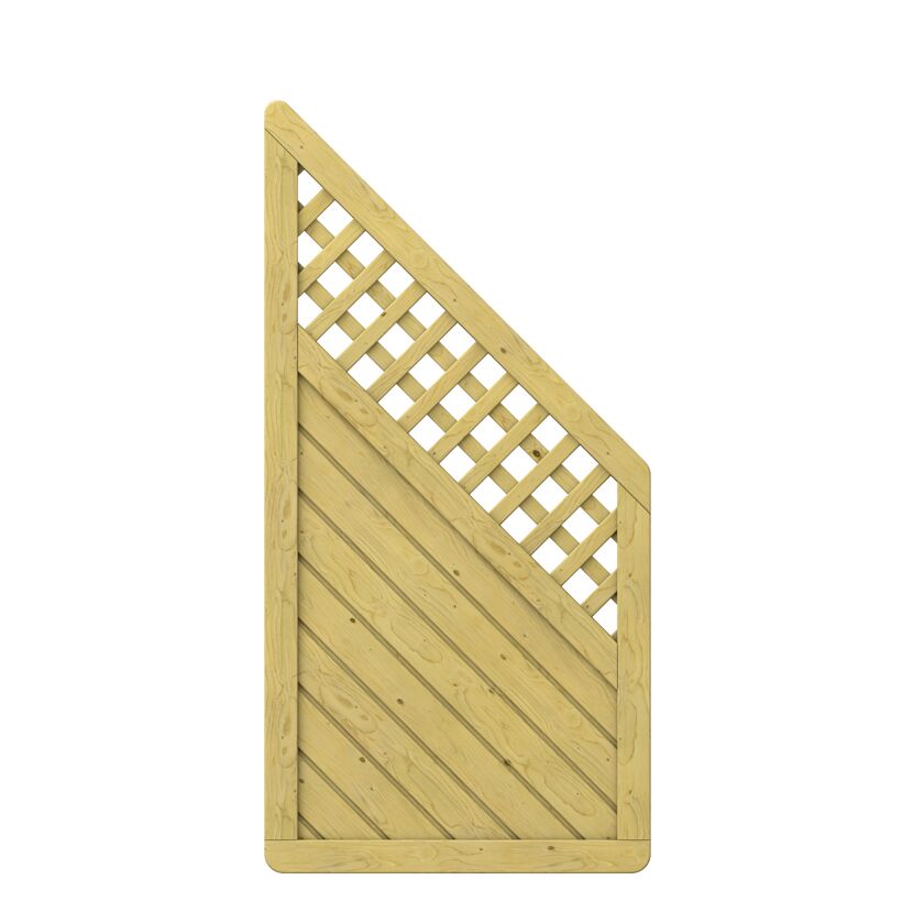 Holzelement mit diagonalen Holzlatten und einem Gitter