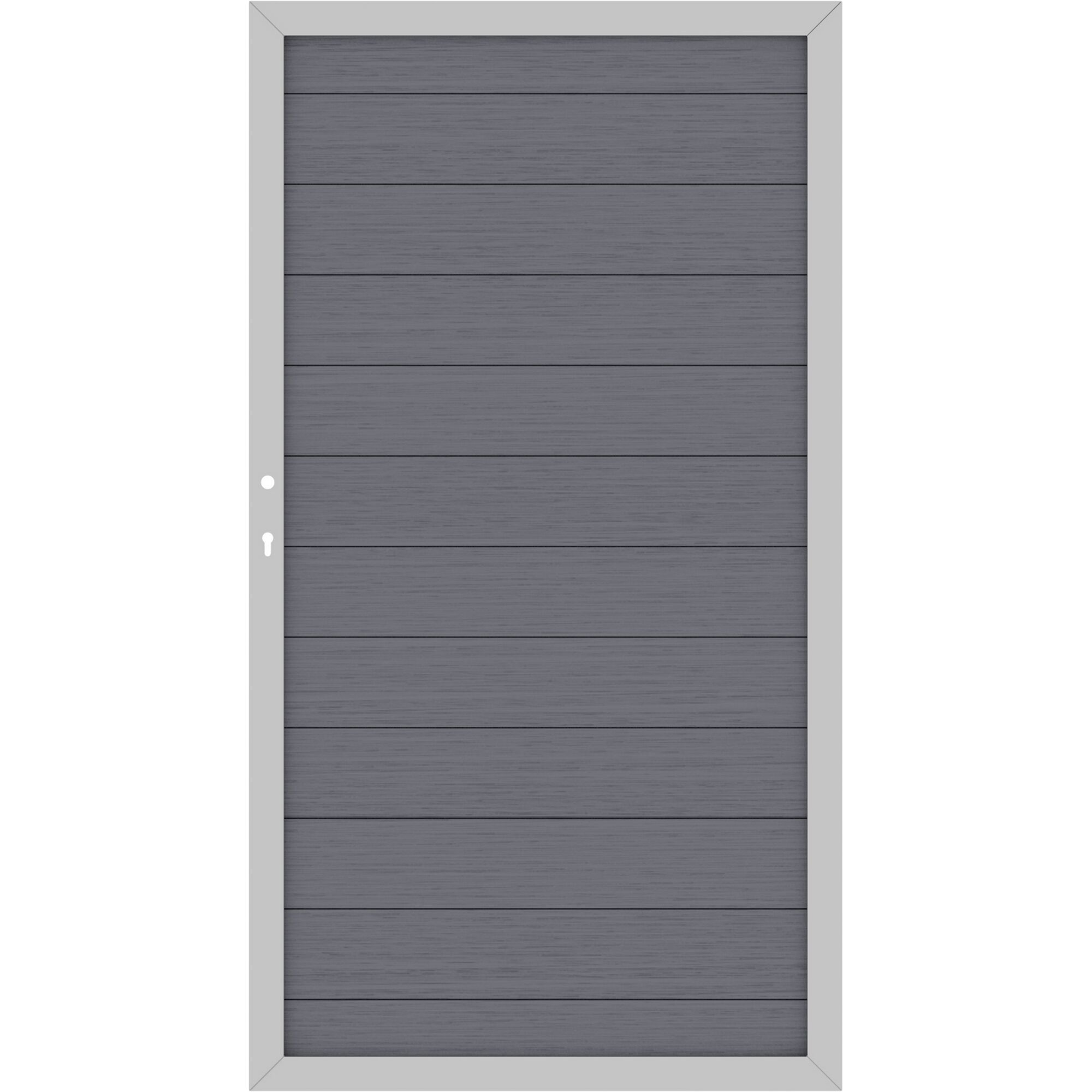 Graues WPC-Tor mit silbernem Rahmen