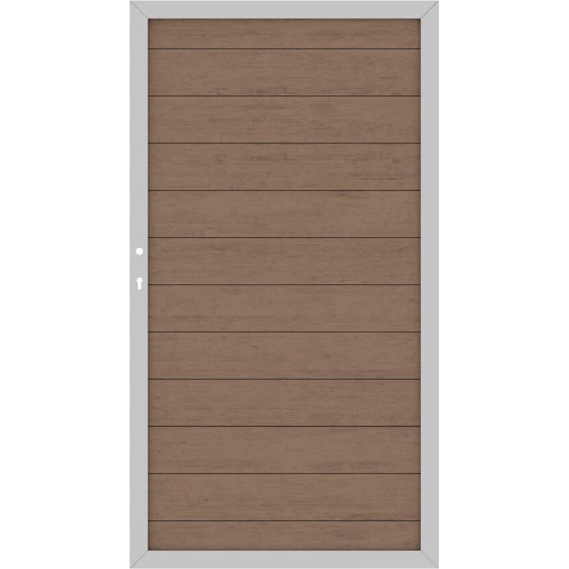 Braune Holztür mit silbernem Rahmen