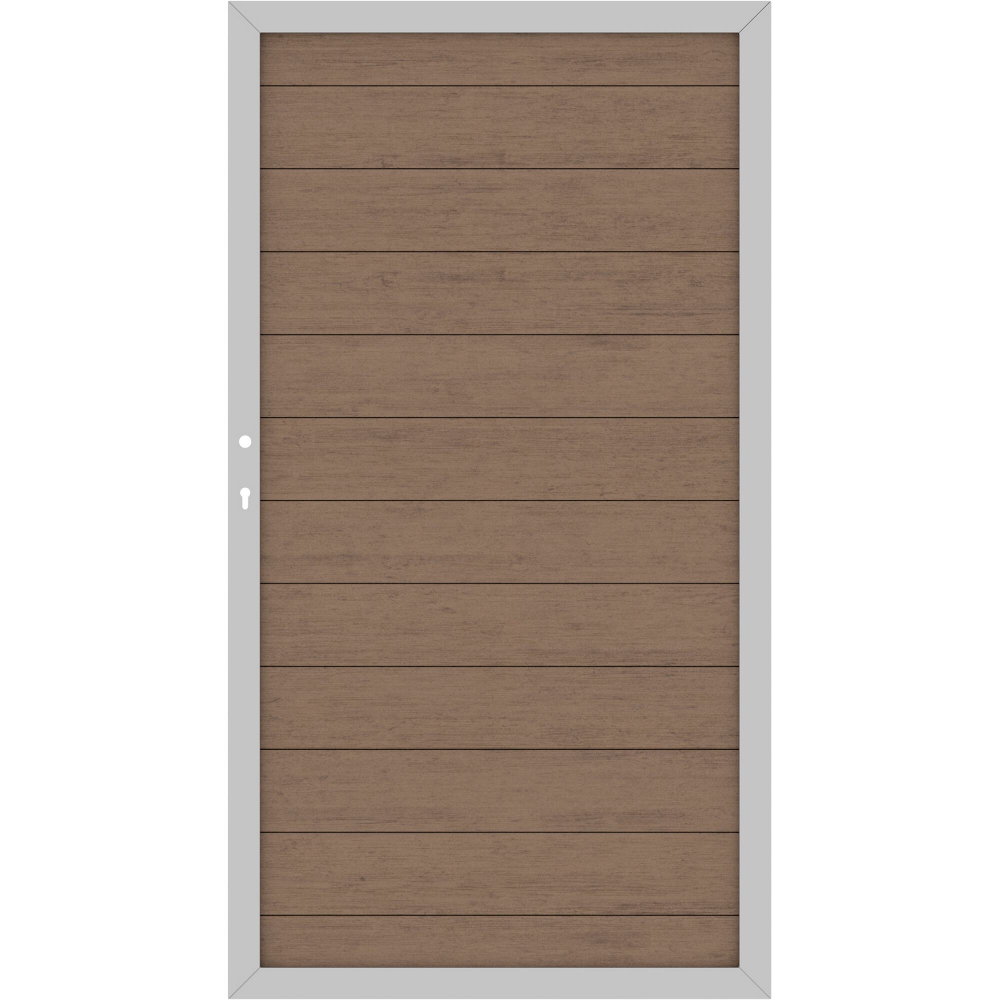 Braune Holztür mit silbernem Rahmen