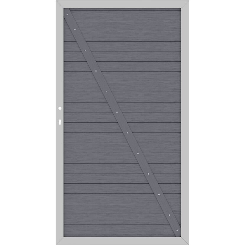 Graues WPC-Tor mit diagonaler Metallstrebe