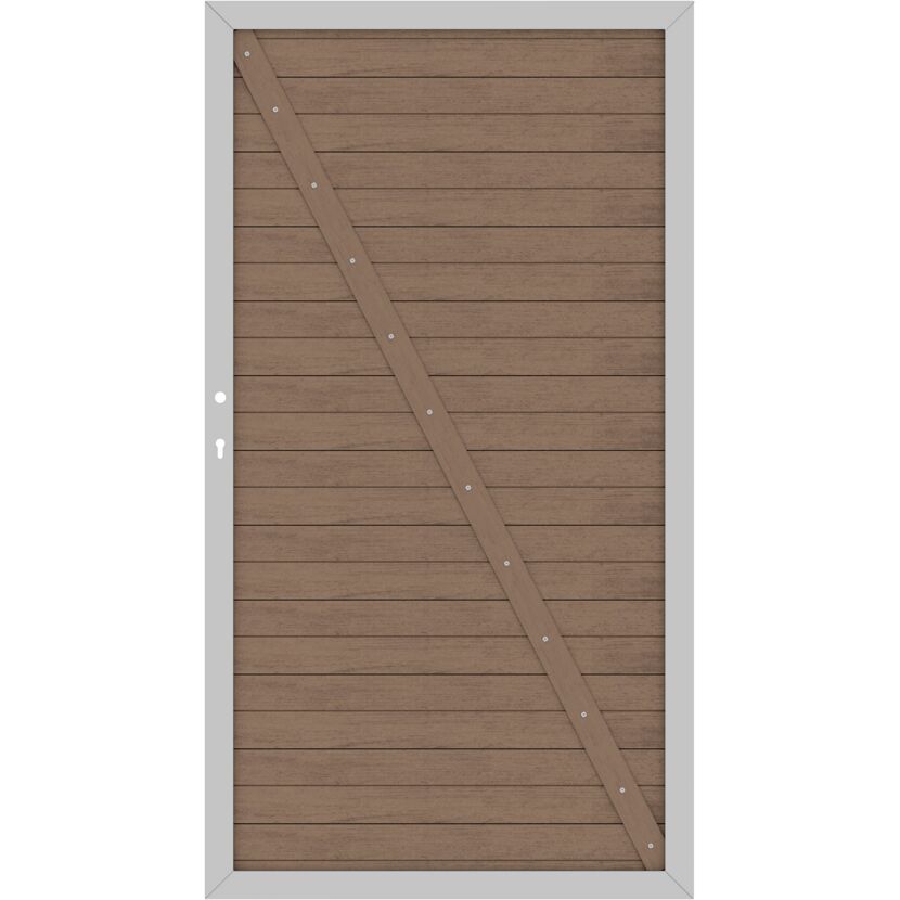 Braunes Holztor mit diagonaler Holzstrebe und silbernem Rahmen.