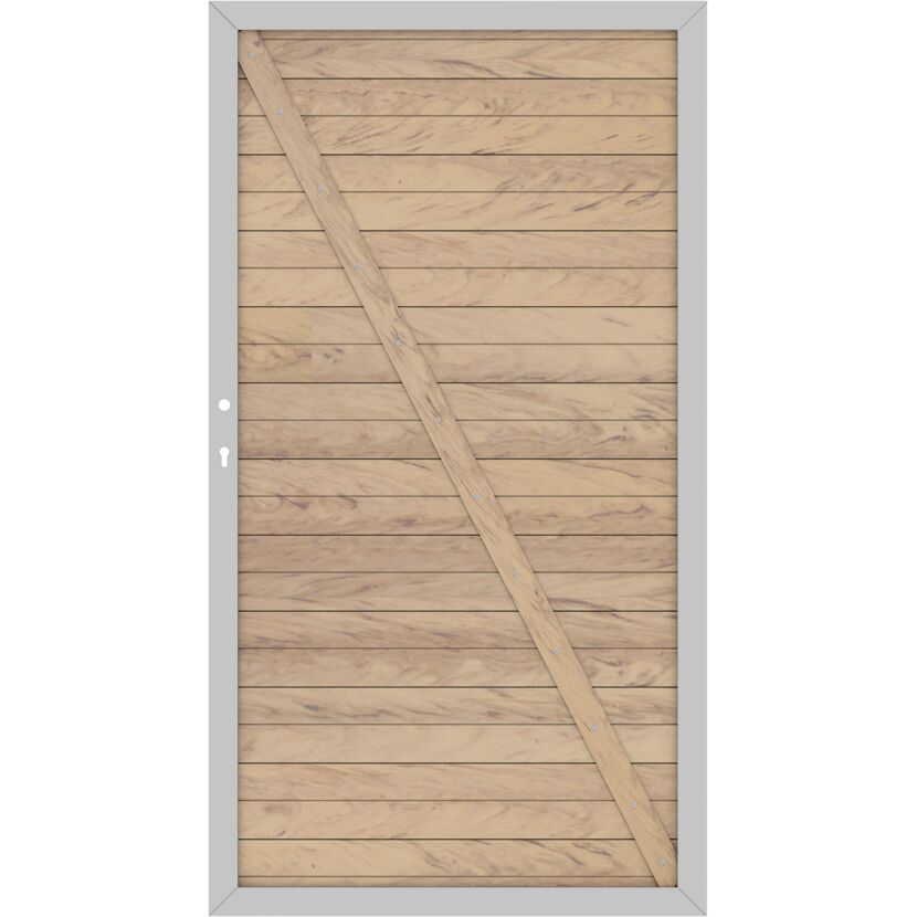 Helles Holzgartentor mit diagonaler Strebe und silbernem Rahmen