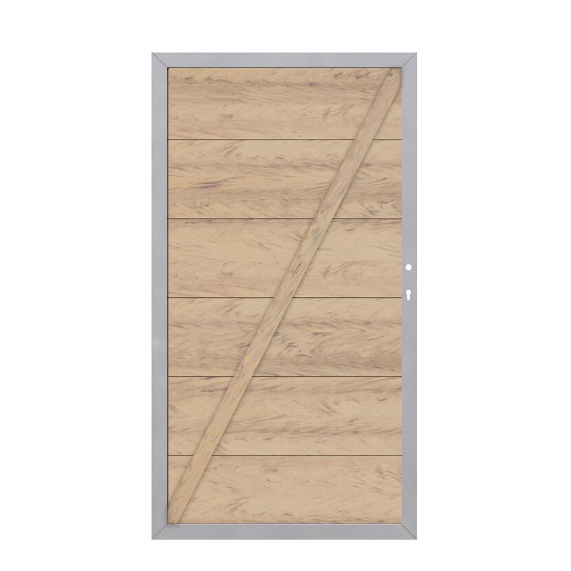 Helle Holztür mit diagonaler Holzstrebe