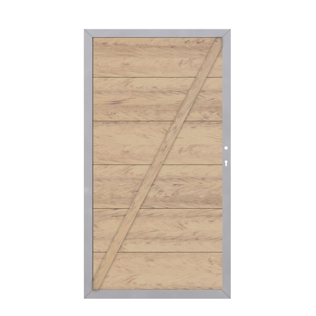 Helle Holztür mit diagonaler Holzstrebe