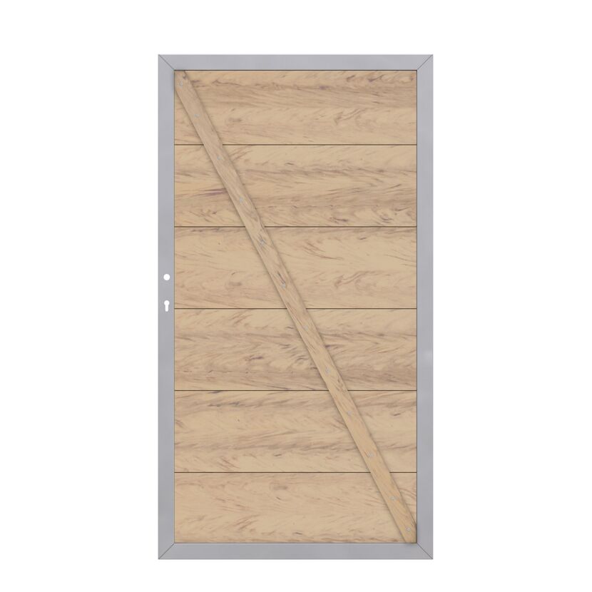 Holztor mit diagonaler Holzstrebe und silbernem Rahmen