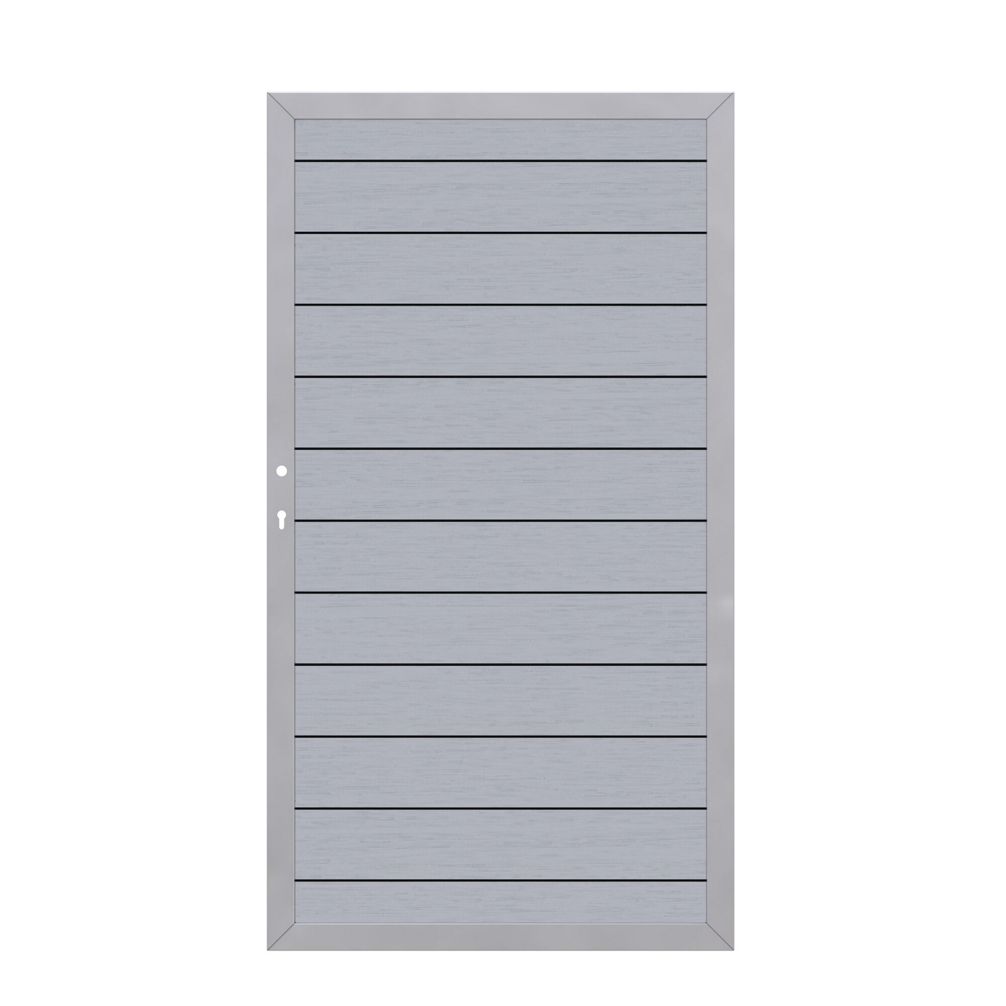 Graues WPC-Tor mit silbernem Rahmen