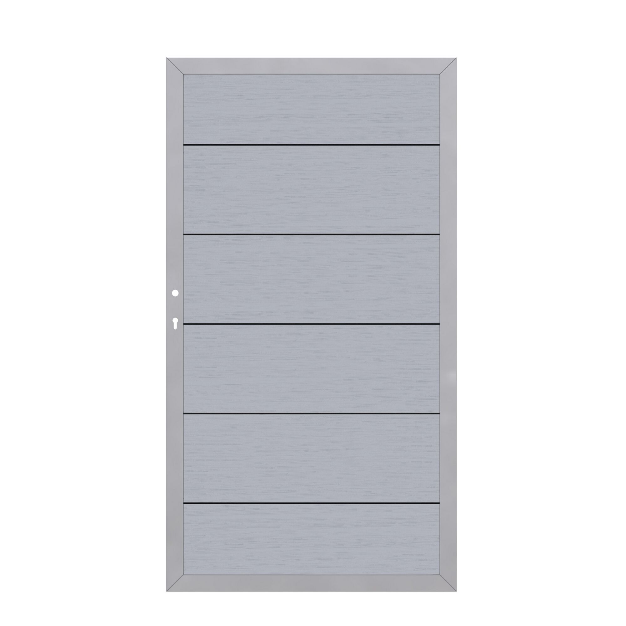 Graues WPC Gartentor mit silbernem Rahmen