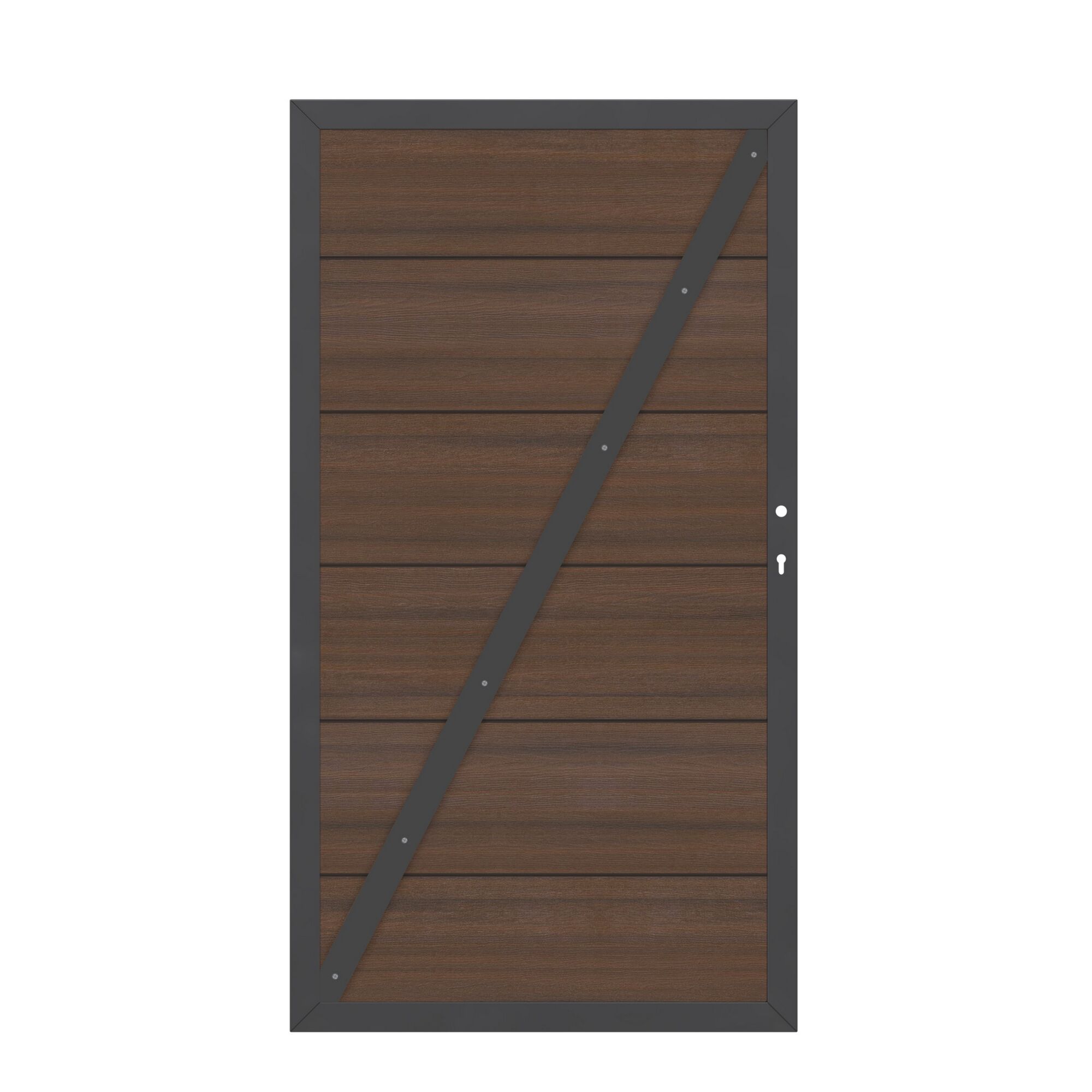 Braunes Gartentor mit diagonaler Metallstrebe. SYSTEM Pla XL