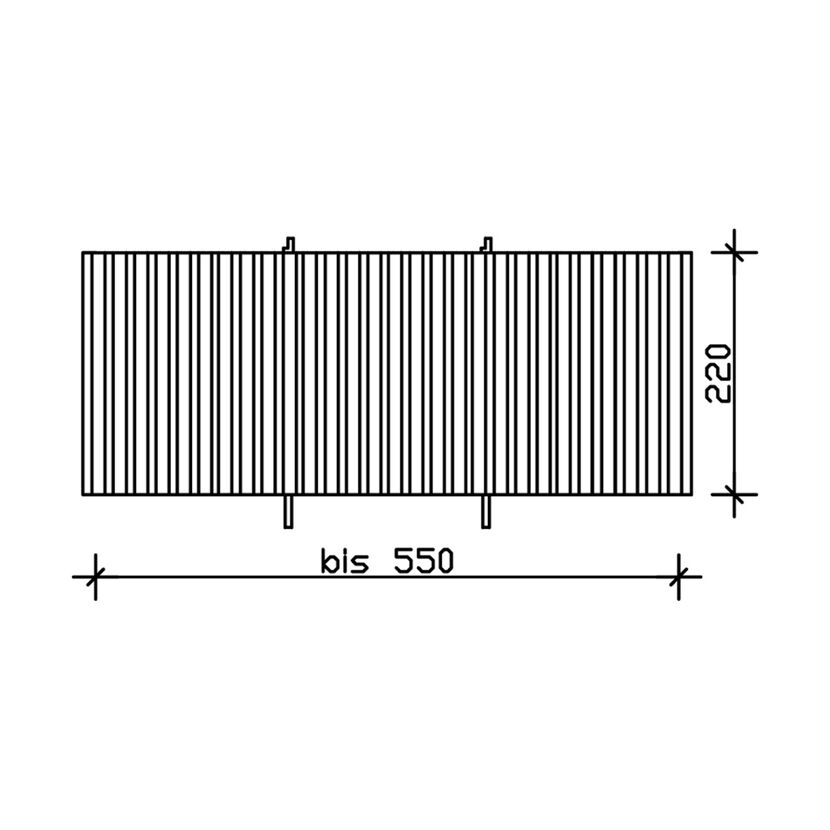 Skizze einer Rückwand aus Fichtenholz mit den Maßen 550 x 220 cm.