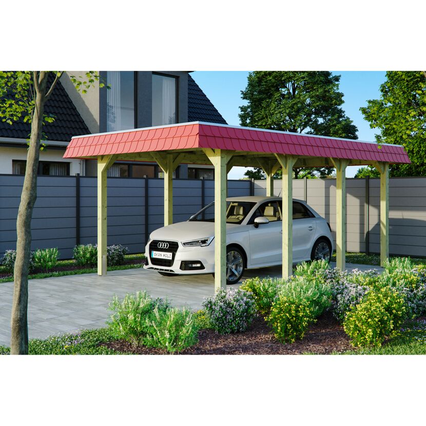 Auto unter einem Carport mit rotem Dach