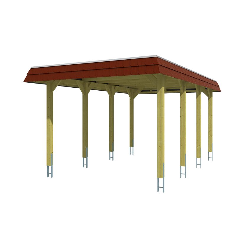 Holzcarport mit rotem Dach