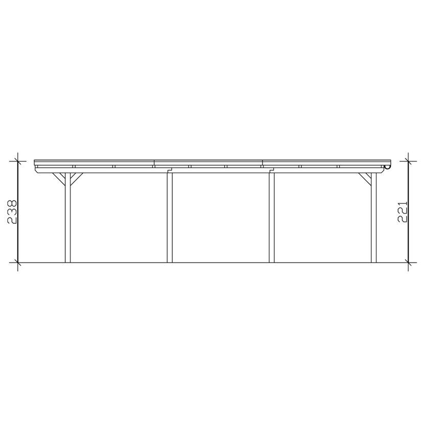 Technischer Bauplan eines Carports aus Holz mit Aluminiumdach.