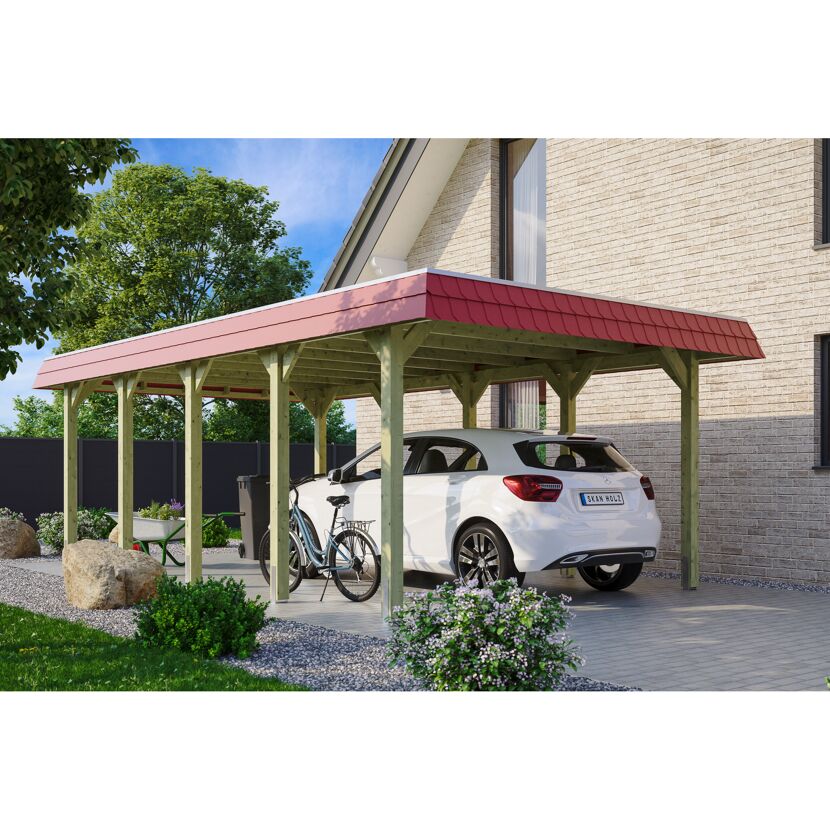 Auto und Fahrrad unter einem Carport