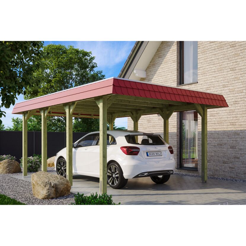 Einzelcarport 'Spreewald' 396 x 589 cm rote Blende KDI imprägniert