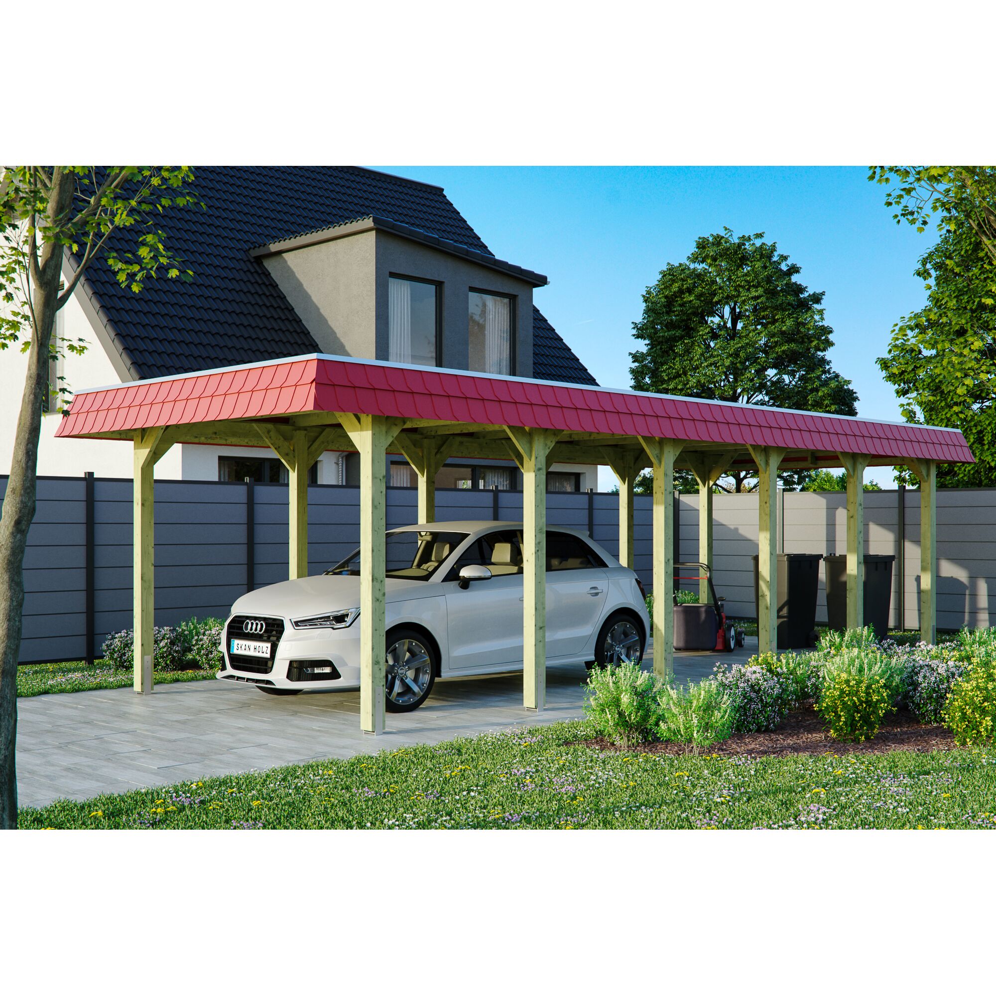 Auto steht unter einem roten Carport.
