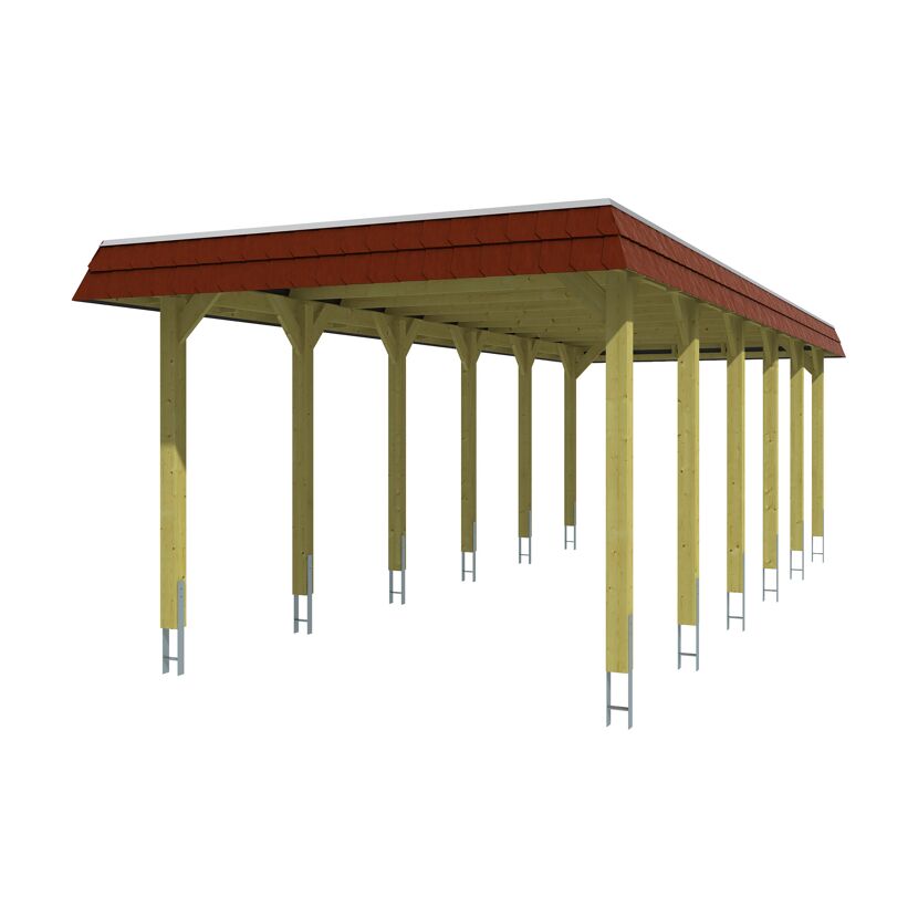 Holzcarport mit rotem Dach
