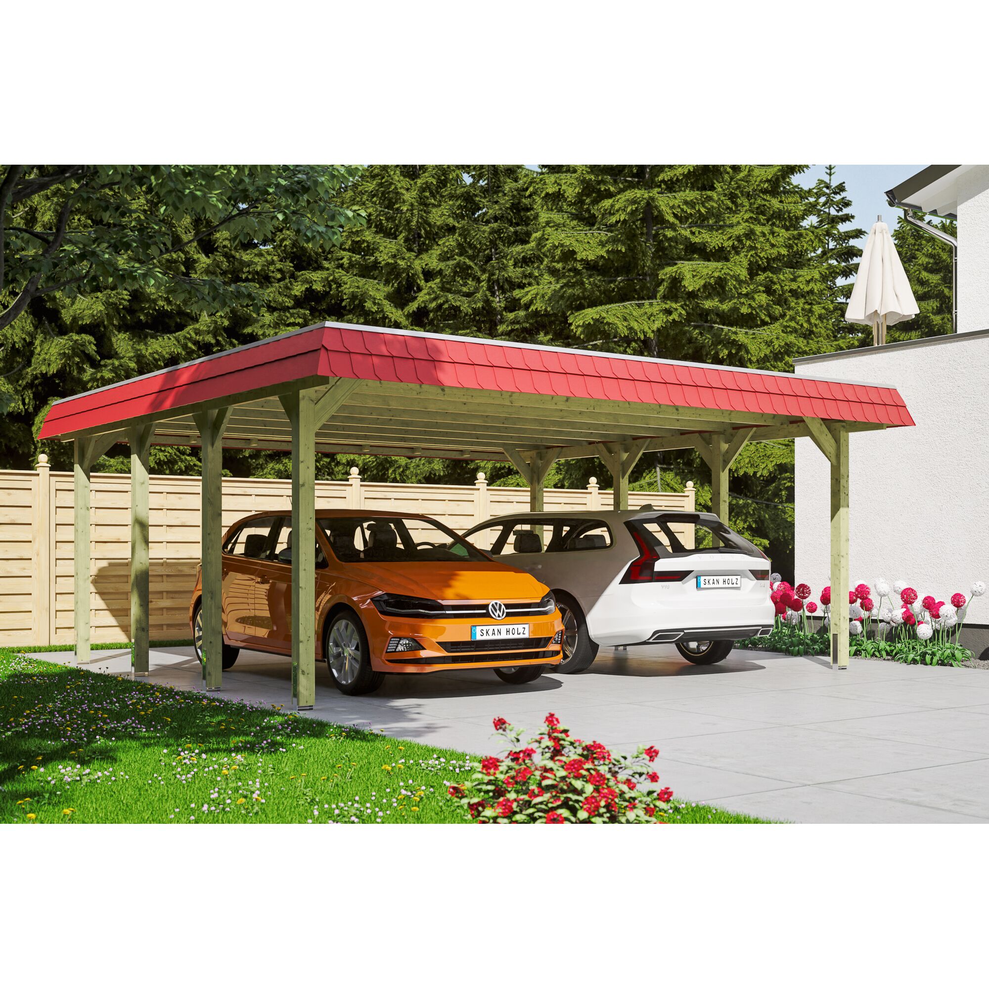Doppelcarport aus Holz mit rotem Dach