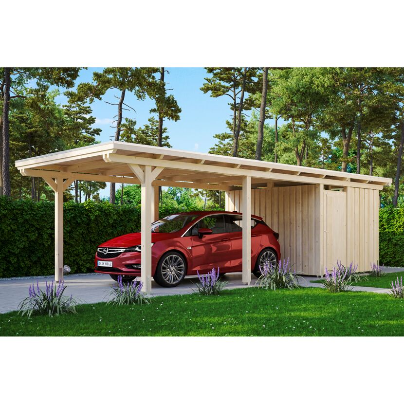 Auto steht unter einem Carport aus Holz.