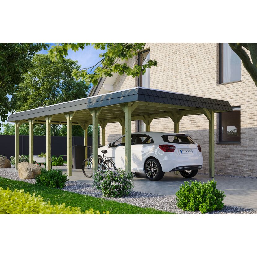 Auto und Fahrrad unter einem Carport