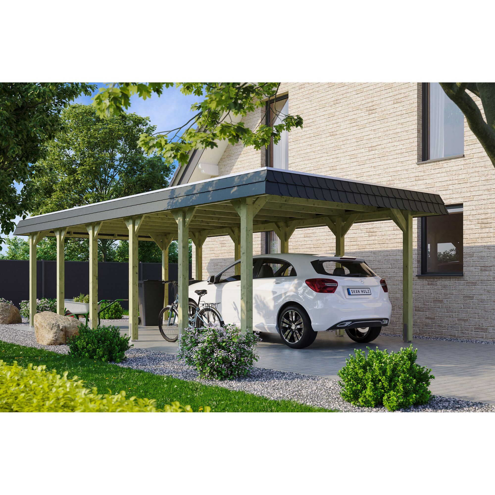 Auto und Fahrrad unter einem Carport