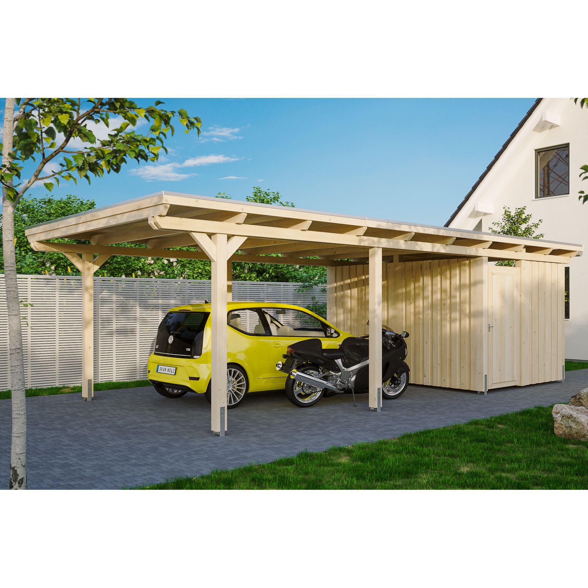 Auto und Motorrad unter einem Carport