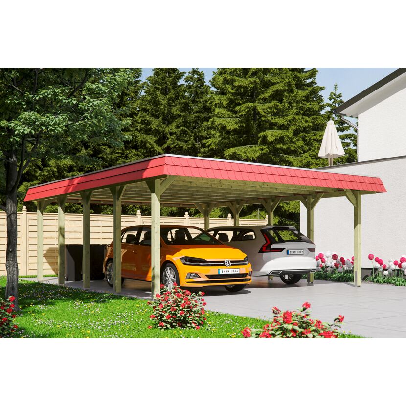 Doppelcarport aus Holz mit rotem Dach