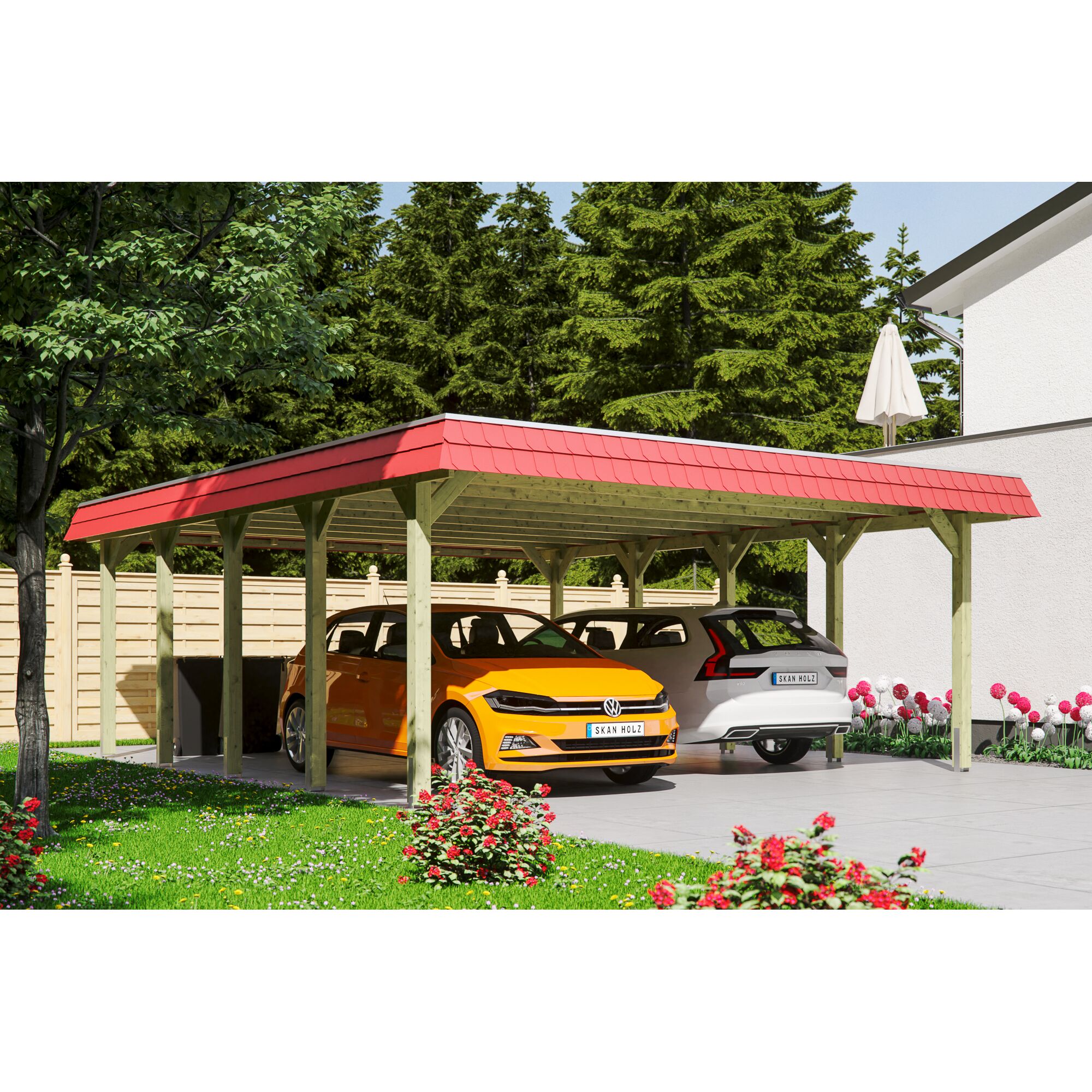 Doppelcarport aus Holz mit rotem Dach
