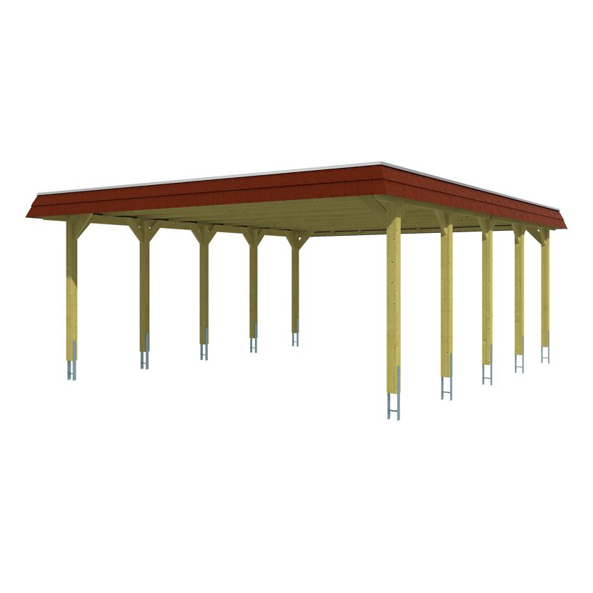 Holzcarport mit rotem Dach