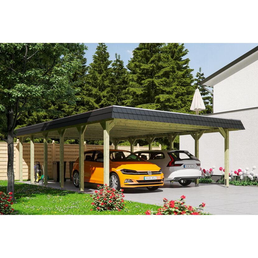 Doppelcarport 'Spreewald' 585 x 893 cm schwarze Blende KDI imprägniert