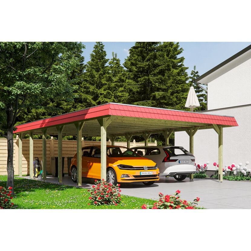 Doppelcarport aus Holz mit rotem Dach