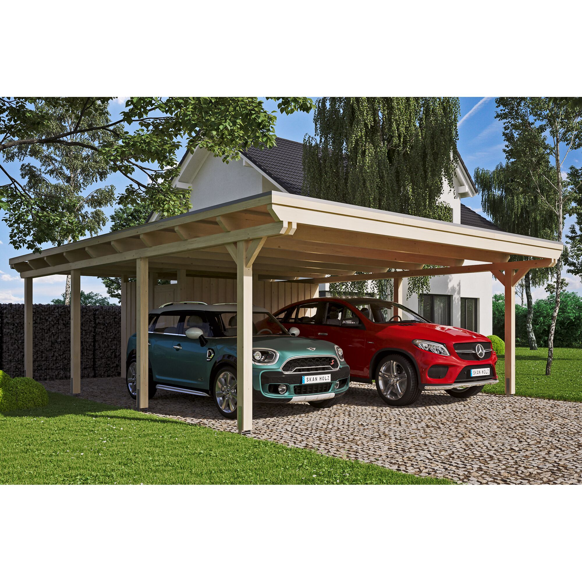 Doppelcarport aus Holz mit zwei Autos