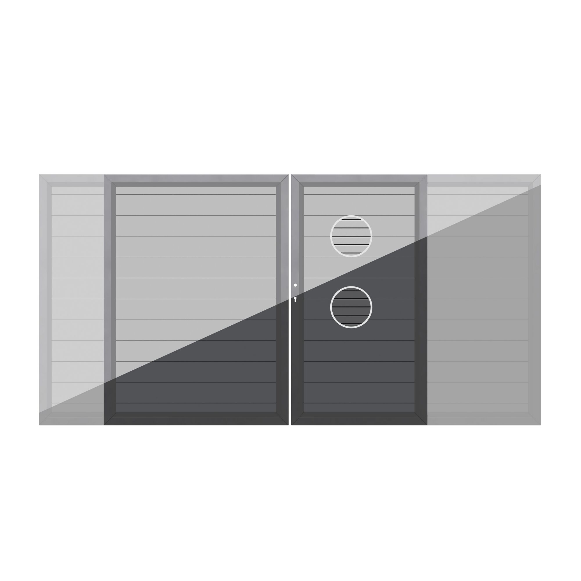 Graues Metalltor mit zwei runden Lüftungsöffnungen.