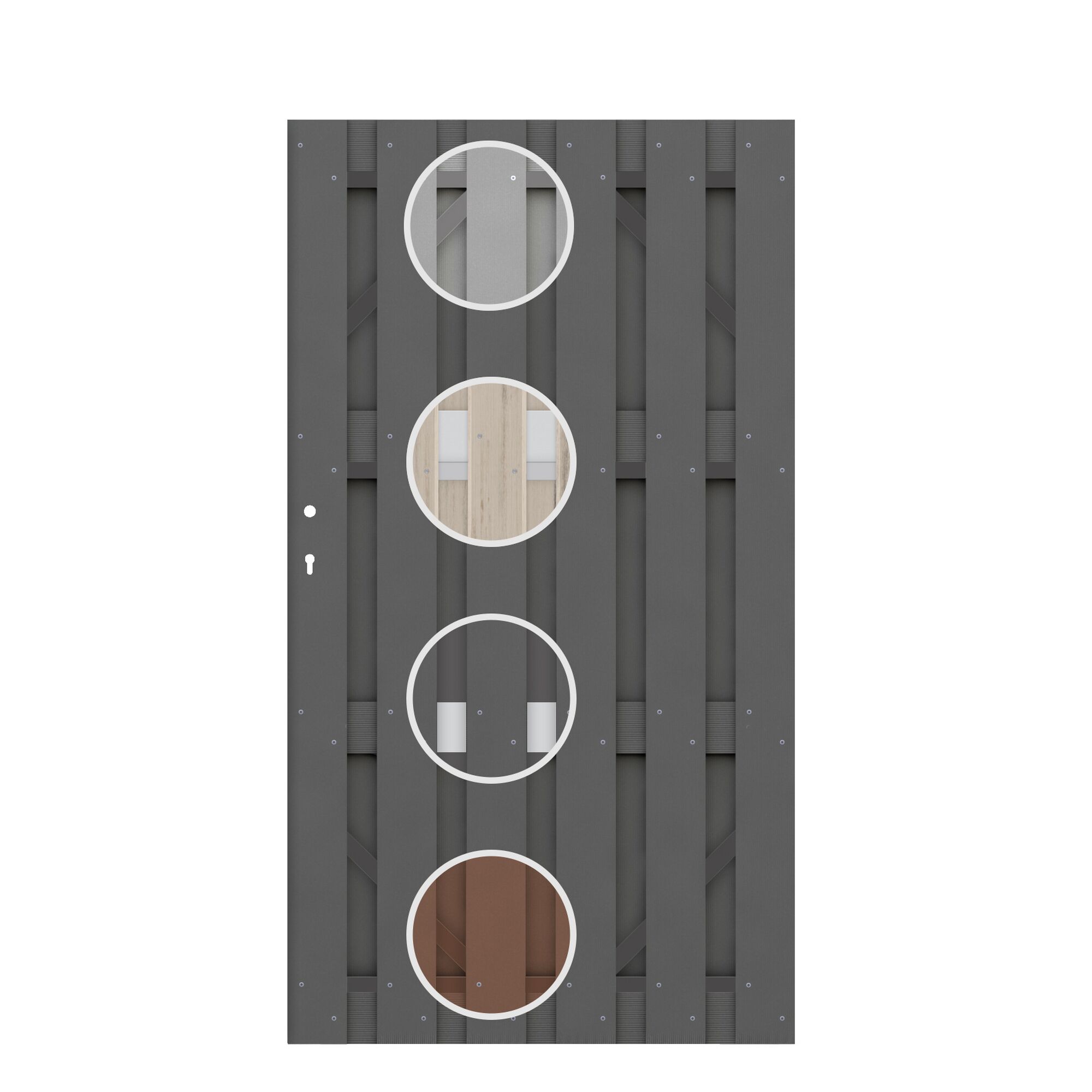 Graues JUMBO WPC Tor DIN mit vier runden Ausschnitten
