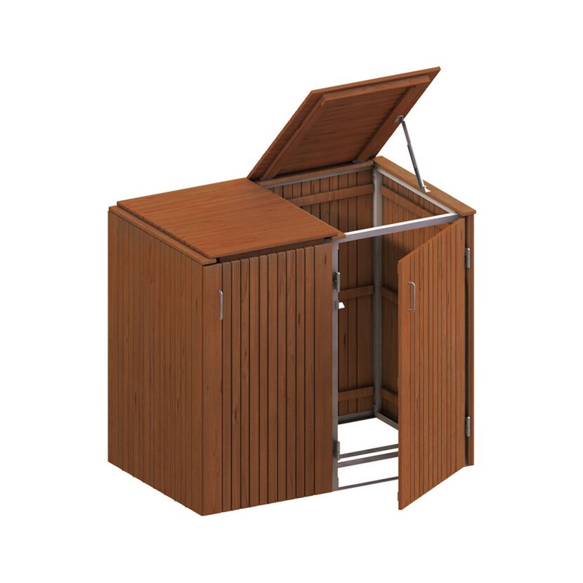 Offener Mülltonnenschrank aus Holz.