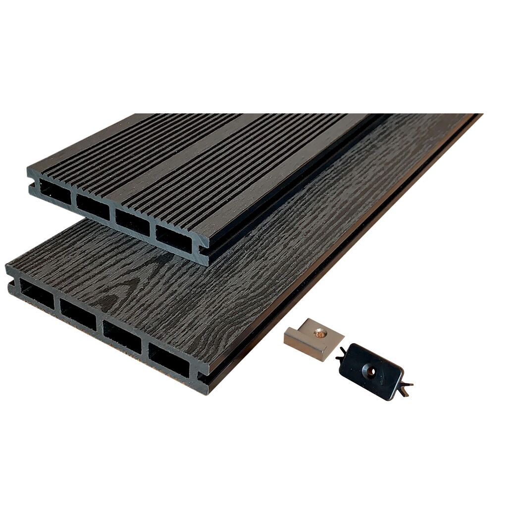 Zwei graue WPC Terrassendielen und Befestigungsmaterial