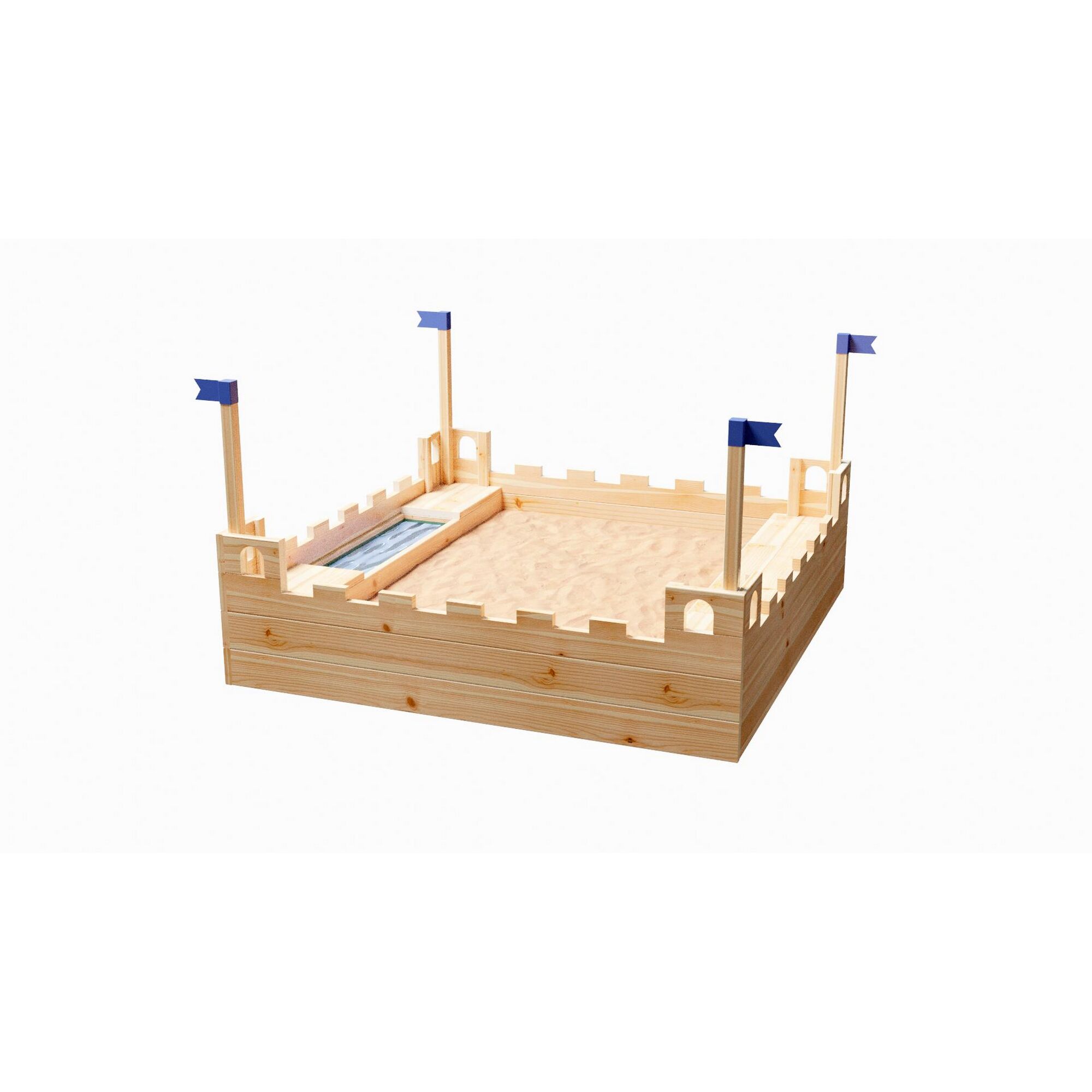 Hölzerner Sandkasten in Form einer Ritterburg.